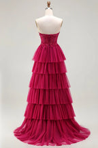 HEULORIA Fuchsia Strapless Tiered Tulle Evening Gown - Floral Lace Sequin Corset Prom Dress ED-224