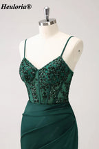 Emerald Green Sequin Corset Spaghetti Strap Evening Dress with Slit ED-228