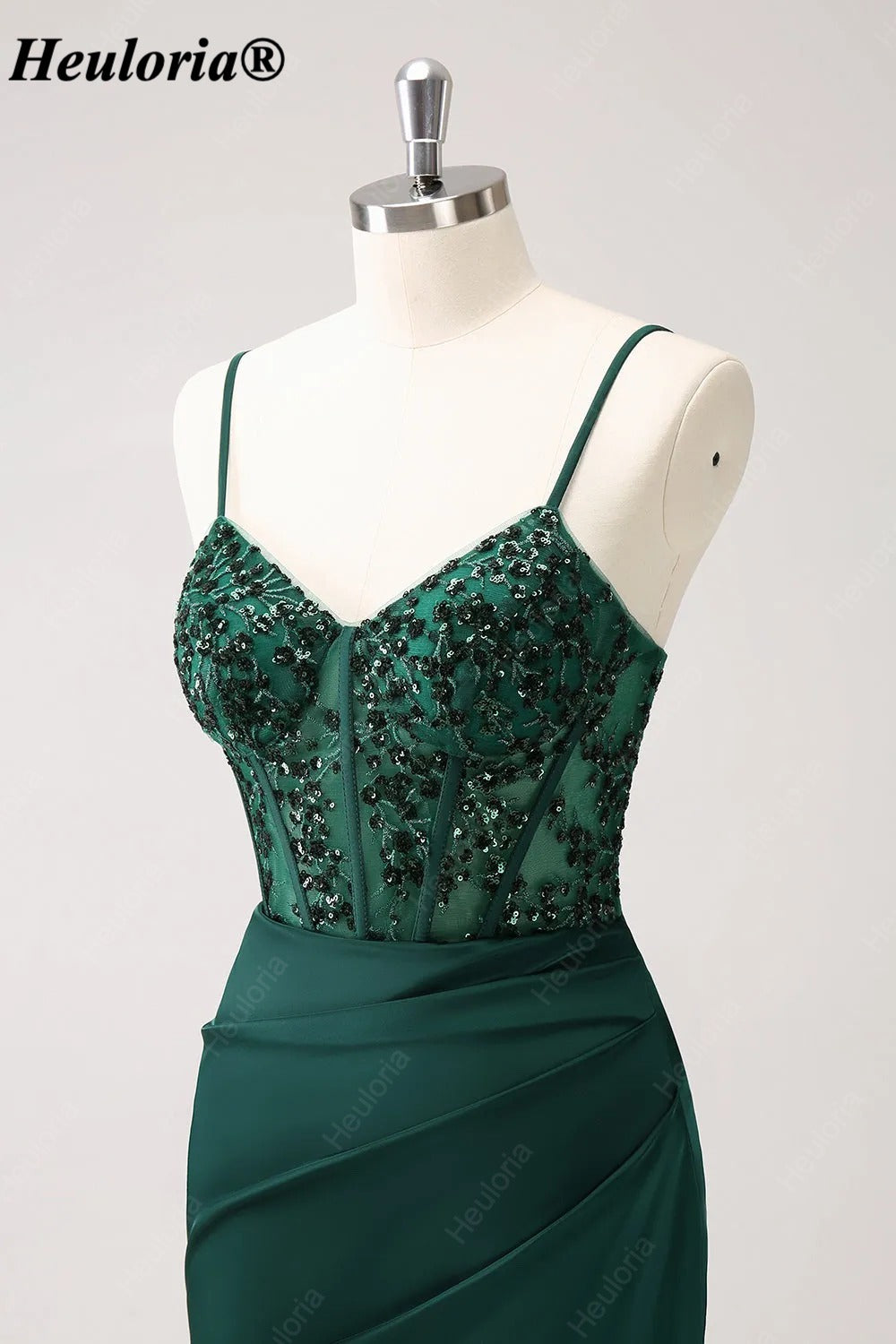 Emerald Green Sequin Corset Spaghetti Strap Evening Dress with Slit ED-228