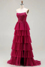 HEULORIA Fuchsia Strapless Tiered Tulle Evening Gown - Floral Lace Sequin Corset Prom Dress ED-224