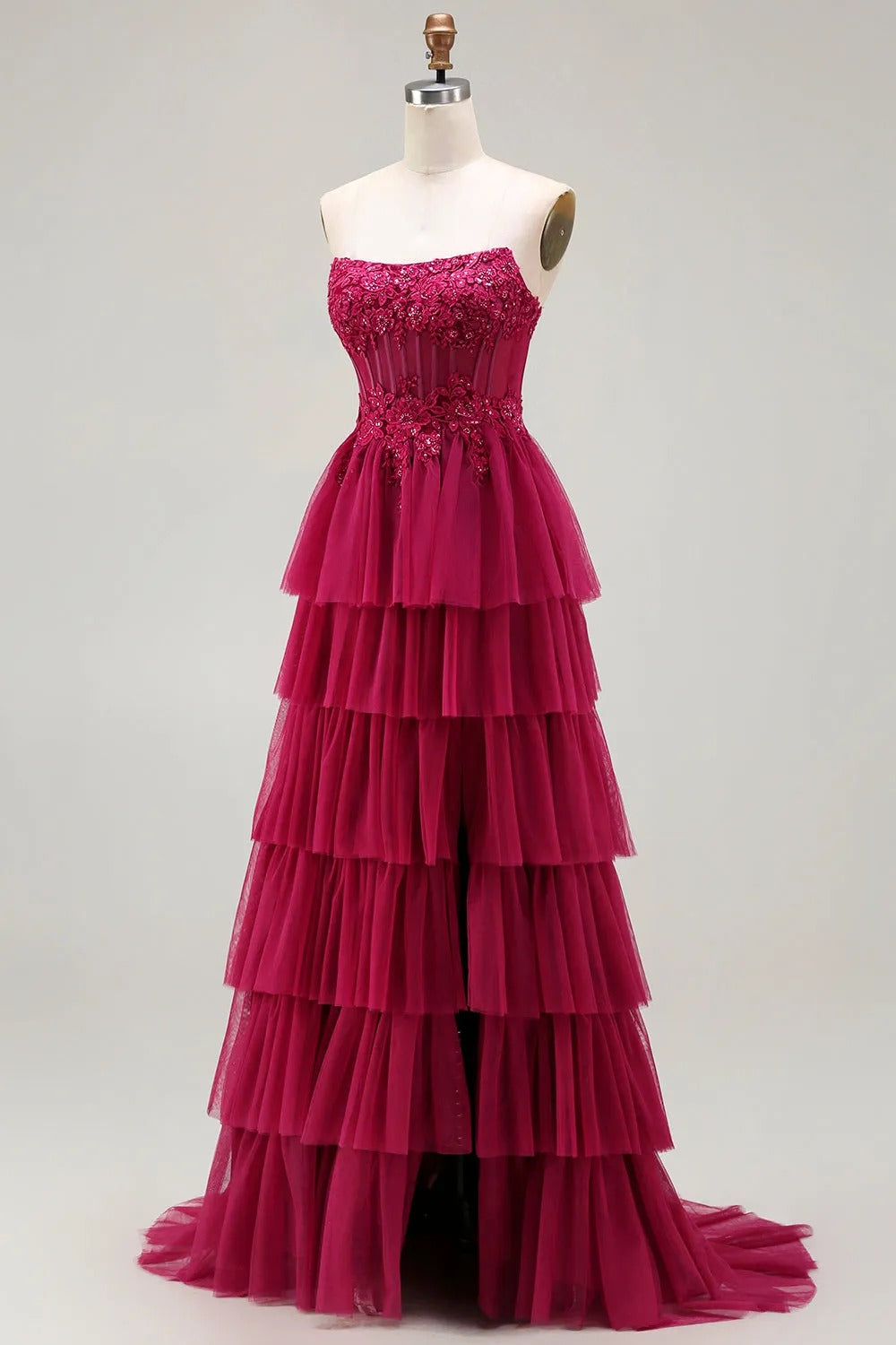 HEULORIA Fuchsia Strapless Tiered Tulle Evening Gown - Floral Lace Sequin Corset Prom Dress ED-224