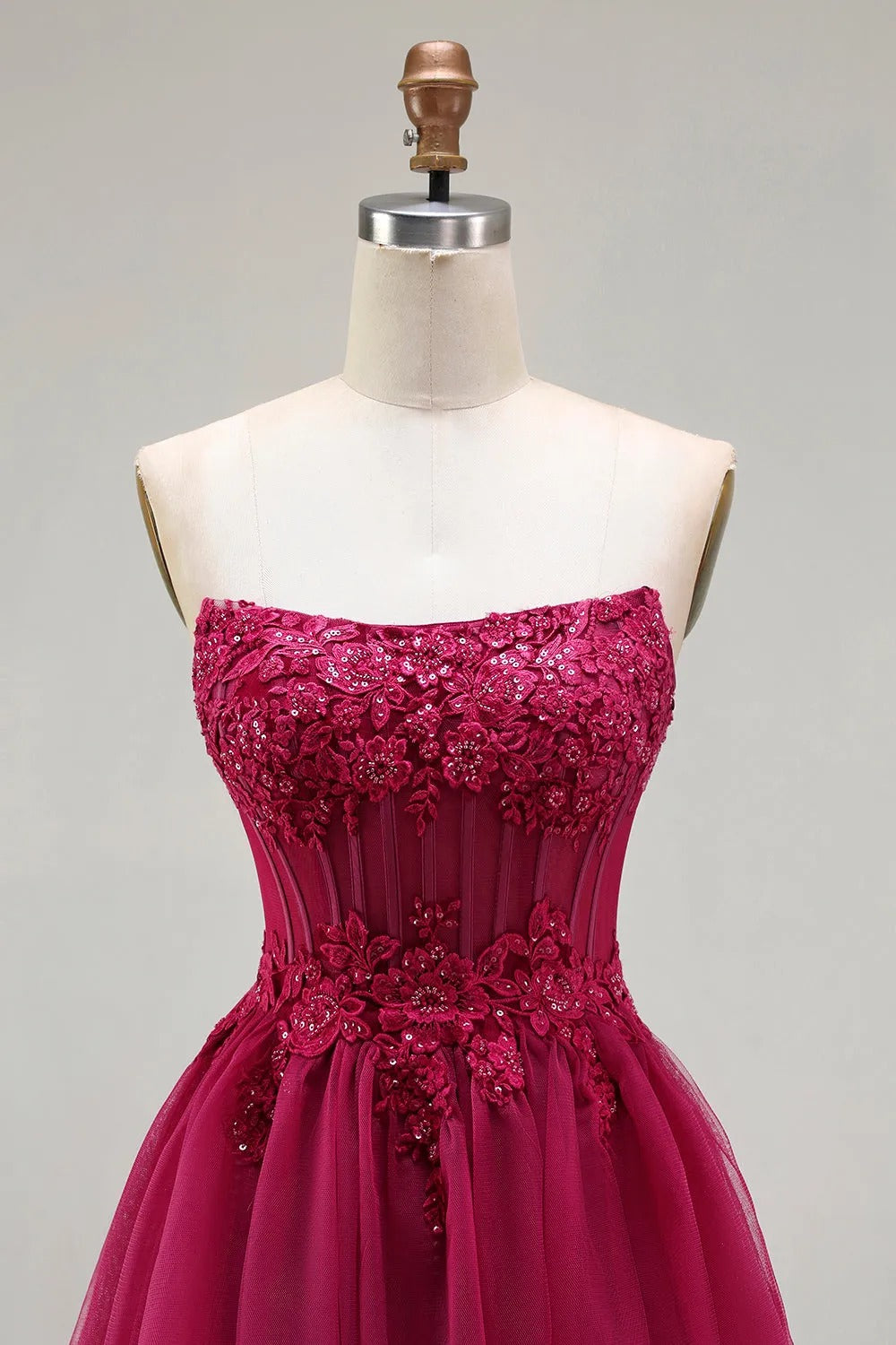 HEULORIA Fuchsia Strapless Tiered Tulle Evening Gown - Floral Lace Sequin Corset Prom Dress ED-224