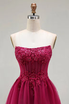 HEULORIA Fuchsia Strapless Tiered Tulle Evening Gown - Floral Lace Sequin Corset Prom Dress ED-224