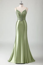HEULORIA Sage Green Beaded Lace Mermaid Satin Prom Dress with Lace-up Corset Back ED-360