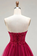 HEULORIA Fuchsia Strapless Tiered Tulle Evening Gown - Floral Lace Sequin Corset Prom Dress ED-224