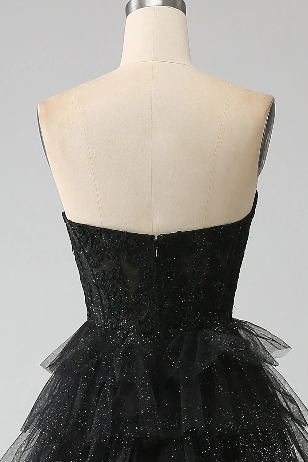 HEULORIA Black Sweetheart Tiered Glitter Tulle Prom Dress with Lace Bodice ED-102