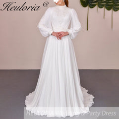 elegant heavy beading Muslim Wedding Dress long sleeve high neck bride dress plus size bride Wedding Gown AL-QK109