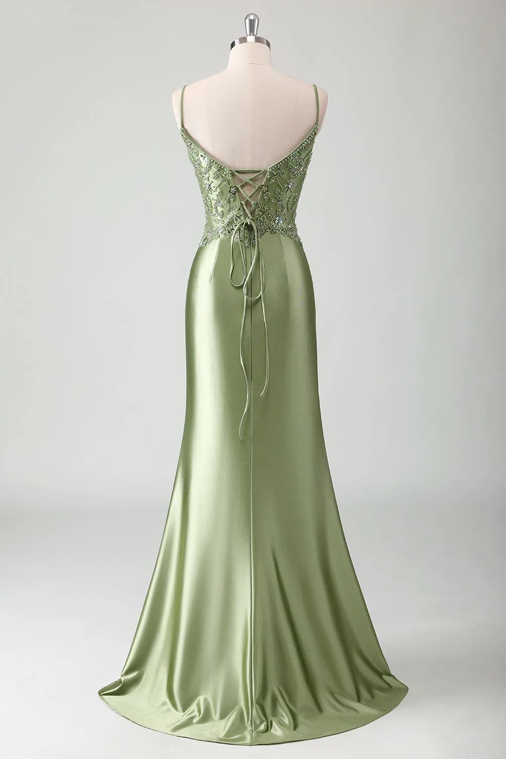 HEULORIA Sage Green Beaded Lace Mermaid Satin Prom Dress with Lace-up Corset Back ED-360