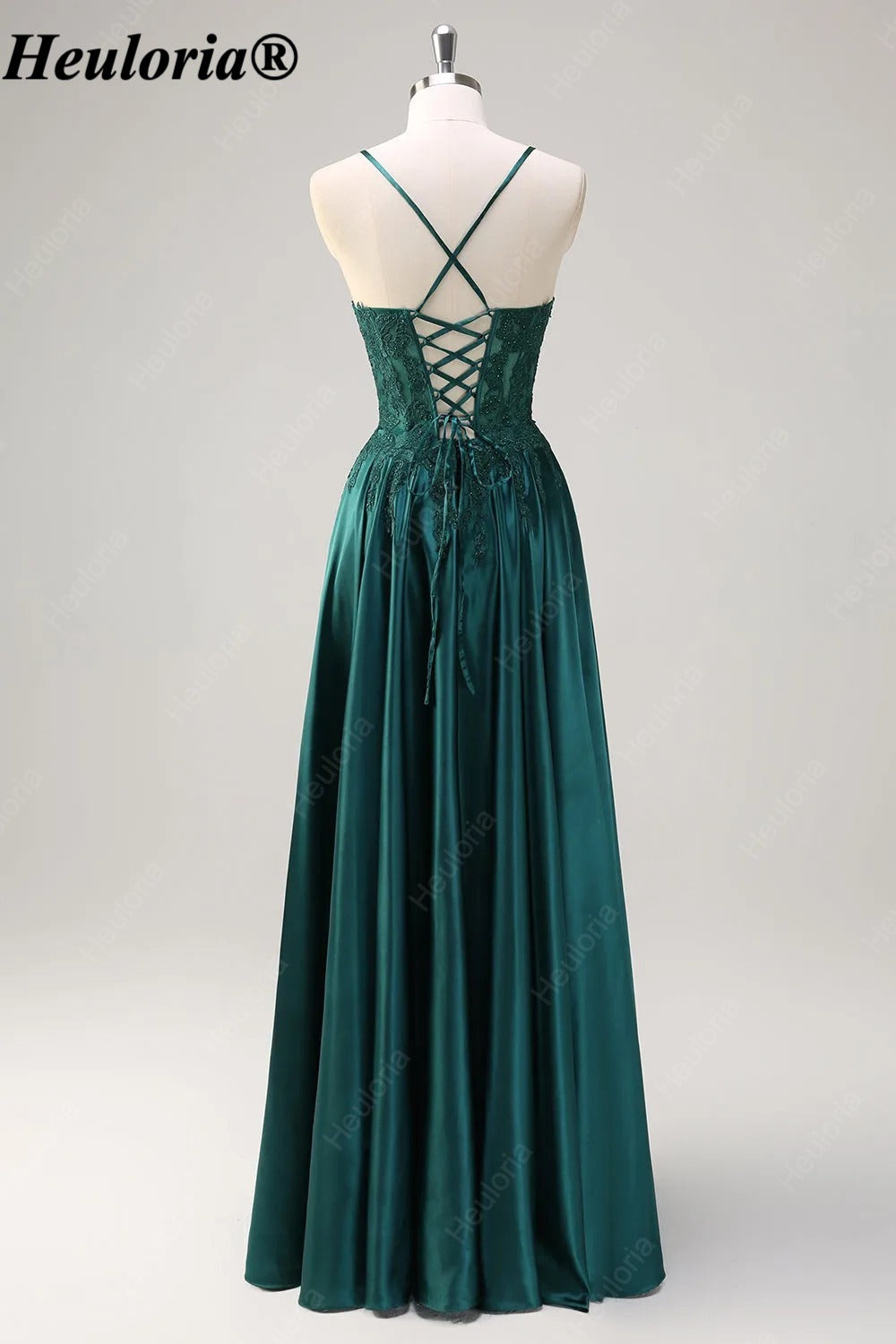 HEULORIA Emerald Green Lace Satin A-Line Prom Dress with Lace-Up Back ED-359