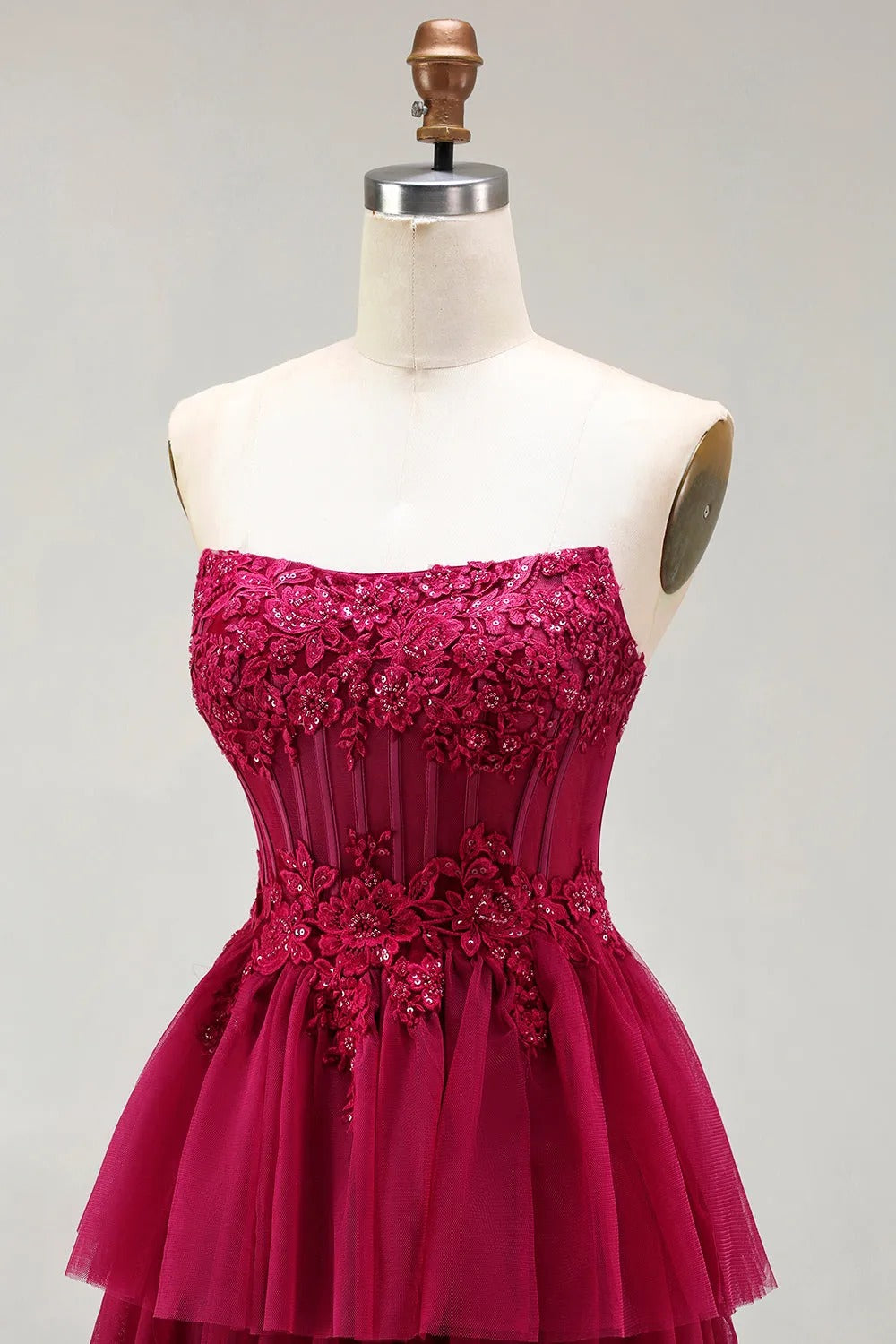 HEULORIA Fuchsia Strapless Tiered Tulle Evening Gown - Floral Lace Sequin Corset Prom Dress ED-224