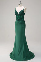HEULORIA Emerald Green Lace Bodice Mermaid Evening Gown with Spaghetti Straps and Ruched Back formal dresses ED-218