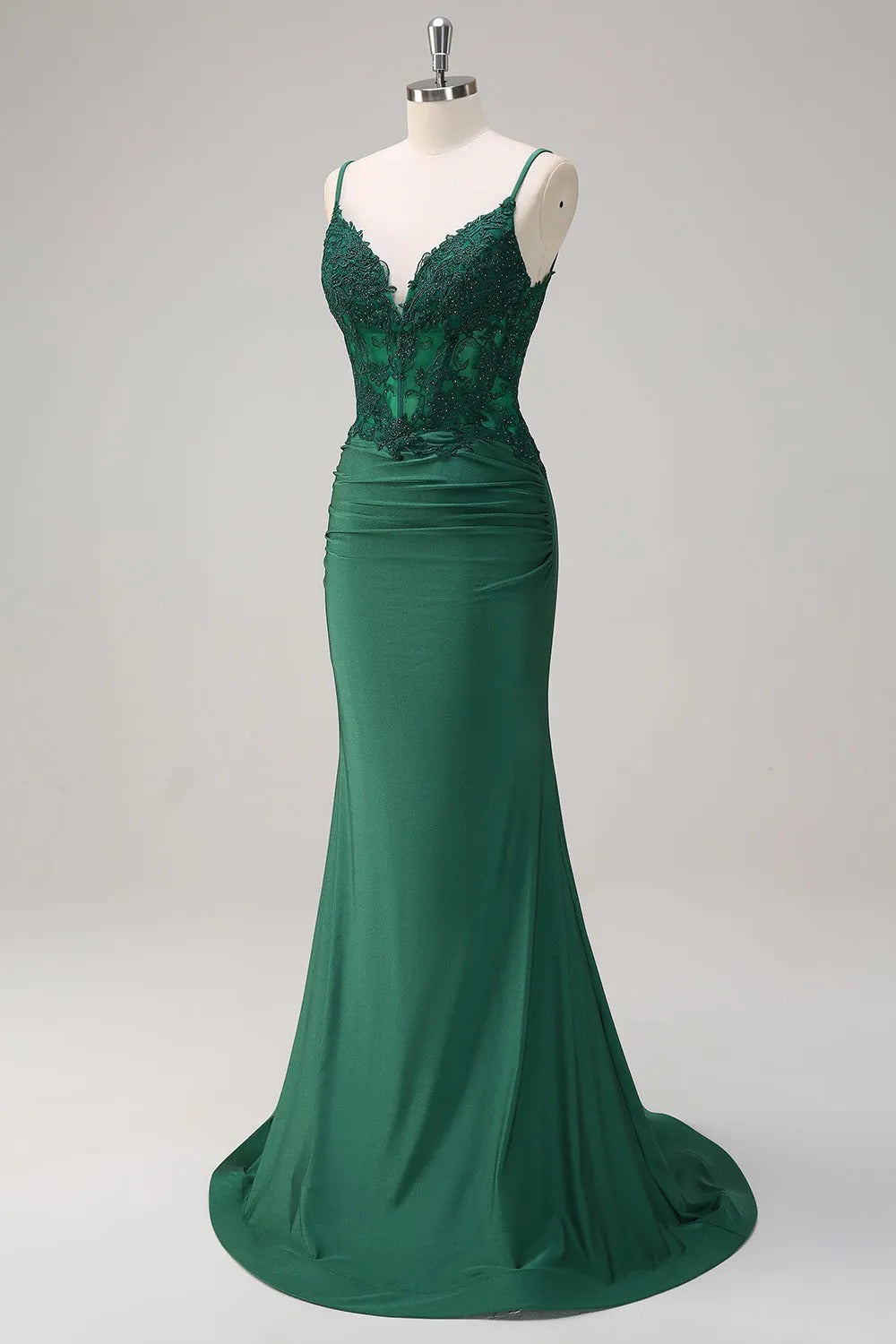 HEULORIA Emerald Green Lace Bodice Mermaid Evening Gown with Spaghetti Straps and Ruched Back formal dresses ED-218
