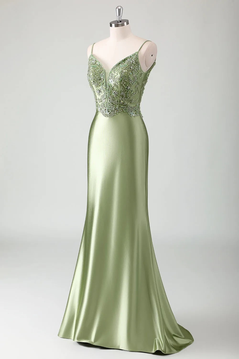 HEULORIA Sage Green Beaded Lace Mermaid Satin Prom Dress with Lace-up Corset Back ED-360