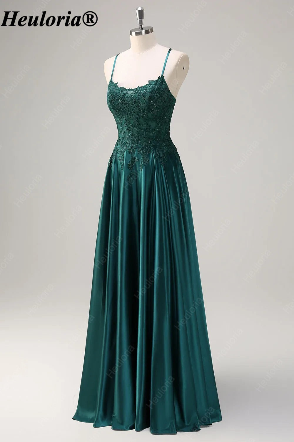 HEULORIA Emerald Green Lace Satin A-Line Prom Dress with Lace-Up Back ED-359