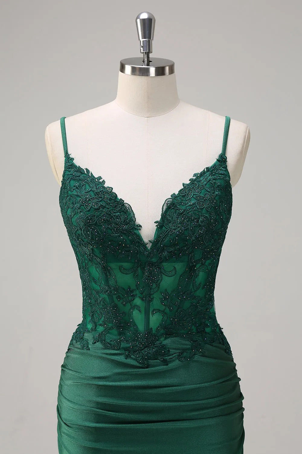 HEULORIA Emerald Green Lace Bodice Mermaid Evening Gown with Spaghetti Straps and Ruched Back formal dresses ED-218