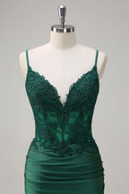 HEULORIA Emerald Green Lace Bodice Mermaid Evening Gown with Spaghetti Straps and Ruched Back formal dresses ED-218