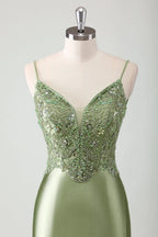 HEULORIA Sage Green Beaded Lace Mermaid Satin Prom Dress with Lace-up Corset Back ED-360