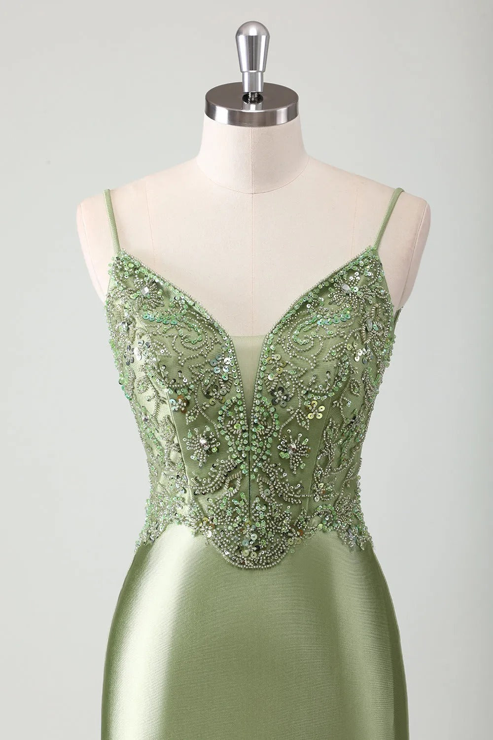 HEULORIA Sage Green Beaded Lace Mermaid Satin Prom Dress with Lace-up Corset Back ED-360