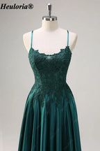 HEULORIA Emerald Green Lace Satin A-Line Prom Dress with Lace-Up Back ED-359