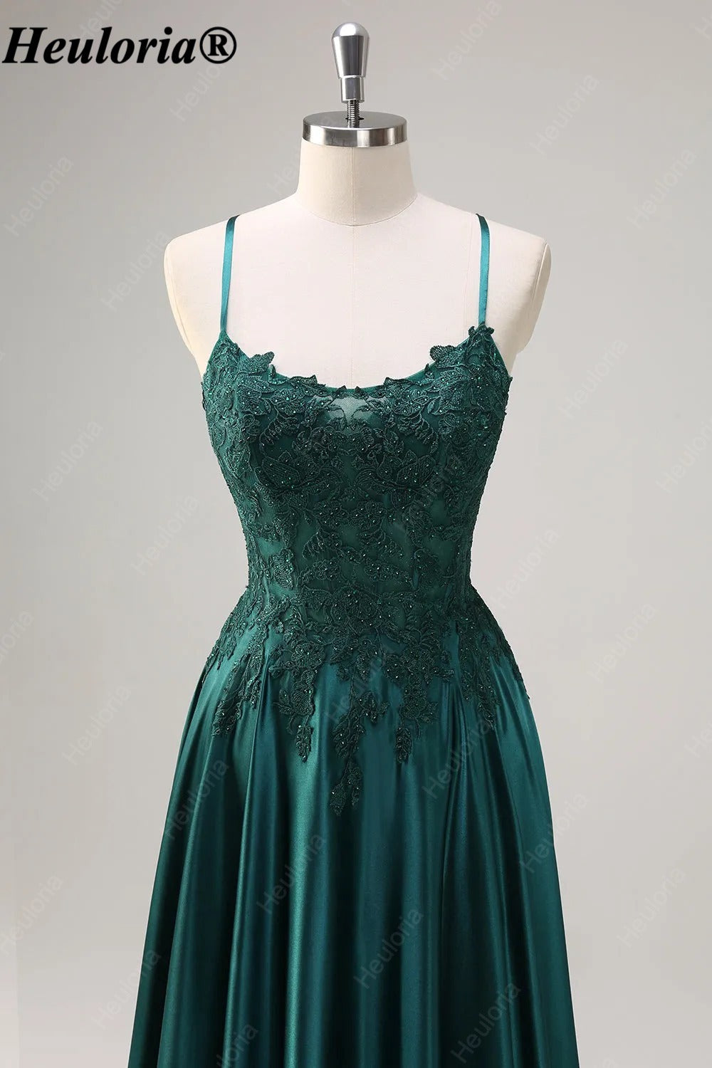 HEULORIA Emerald Green Lace Satin A-Line Prom Dress with Lace-Up Back ED-359