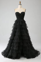 HEULORIA Black Sweetheart Tiered Glitter Tulle Prom Dress with Lace Bodice ED-102