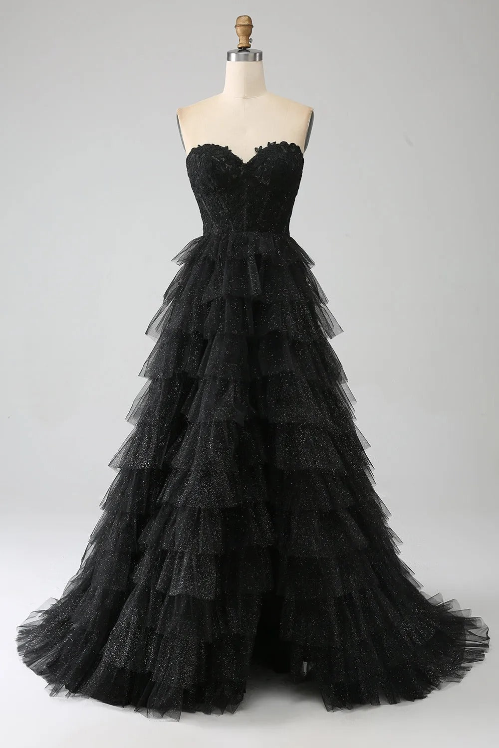 HEULORIA Black Sweetheart Tiered Glitter Tulle Prom Dress with Lace Bodice ED-102
