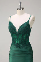 HEULORIA Emerald Green Lace Bodice Mermaid Evening Gown with Spaghetti Straps and Ruched Back formal dresses ED-218
