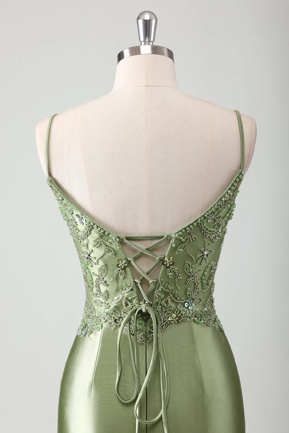 HEULORIA Sage Green Beaded Lace Mermaid Satin Prom Dress with Lace-up Corset Back ED-360