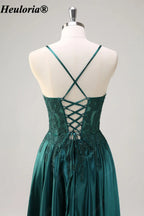 HEULORIA Emerald Green Lace Satin A-Line Prom Dress with Lace-Up Back ED-359