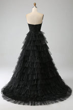 HEULORIA Black Sweetheart Tiered Glitter Tulle Prom Dress with Lace Bodice ED-102