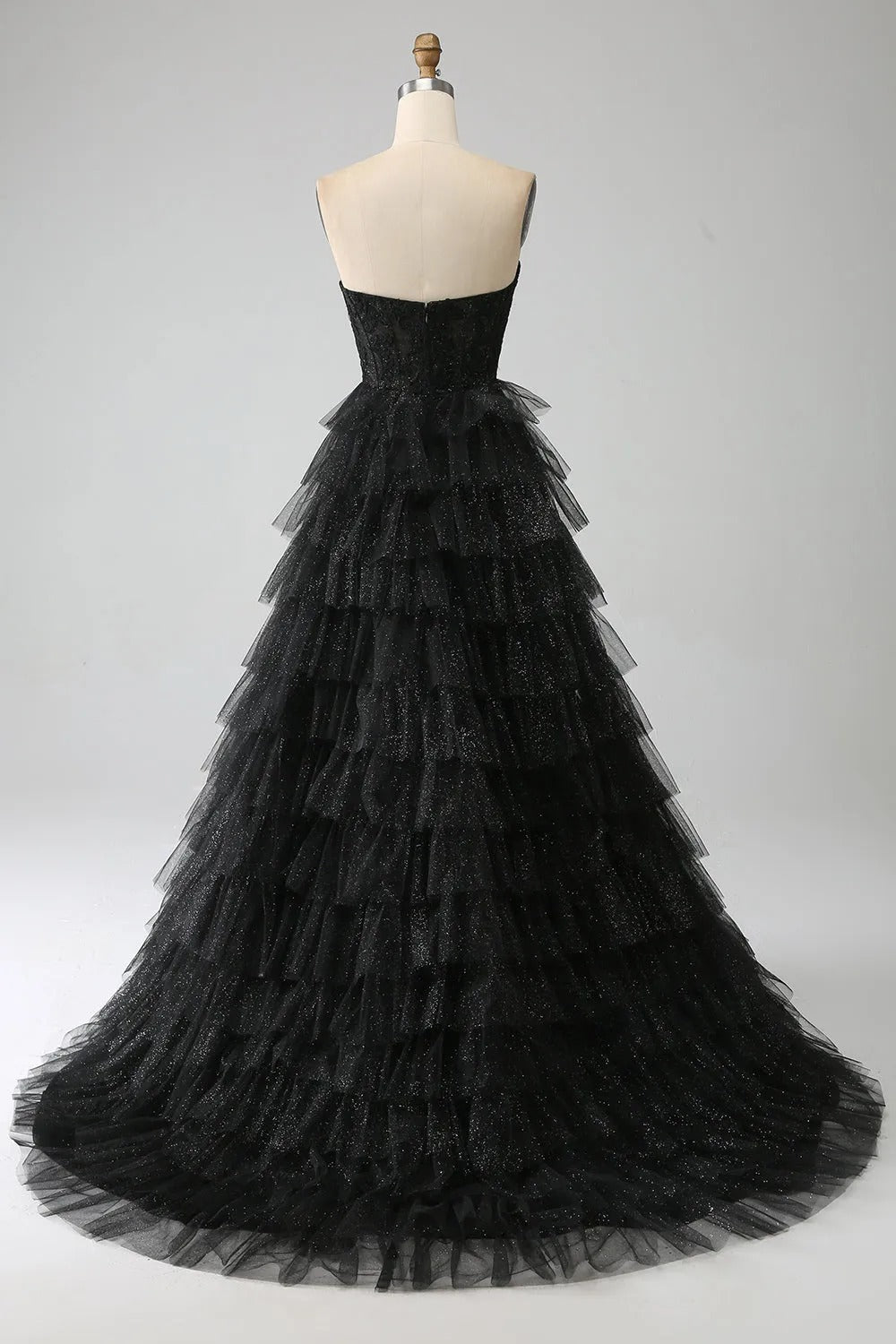 HEULORIA Black Sweetheart Tiered Glitter Tulle Prom Dress with Lace Bodice ED-102