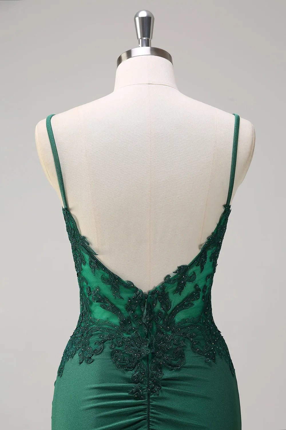 HEULORIA Emerald Green Lace Bodice Mermaid Evening Gown with Spaghetti Straps and Ruched Back formal dresses ED-218
