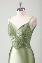 HEULORIA Sage Green Beaded Lace Mermaid Satin Prom Dress with Lace-up Corset Back ED-360
