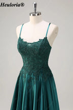 HEULORIA Emerald Green Lace Satin A-Line Prom Dress with Lace-Up Back ED-359