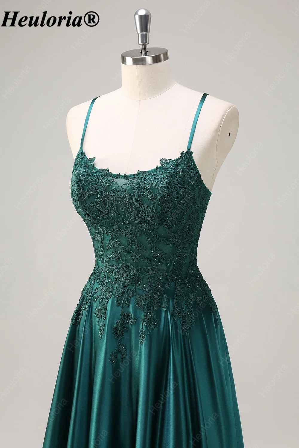 HEULORIA Emerald Green Lace Satin A-Line Prom Dress with Lace-Up Back ED-359