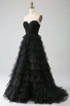 HEULORIA Black Sweetheart Tiered Glitter Tulle Prom Dress with Lace Bodice ED-102