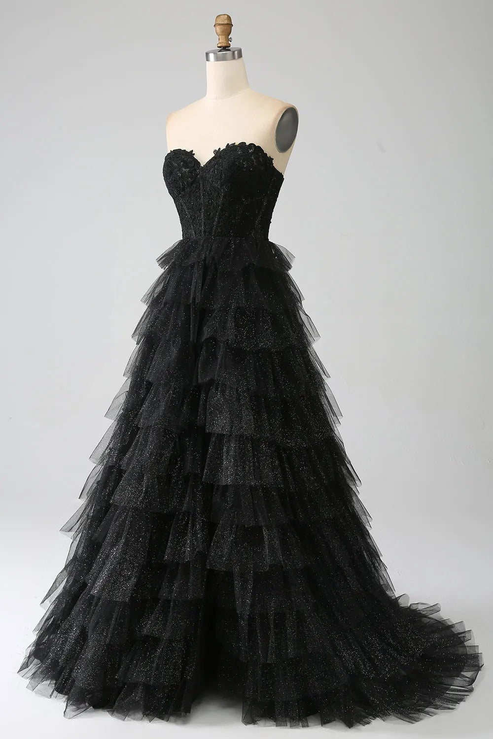 HEULORIA Black Sweetheart Tiered Glitter Tulle Prom Dress with Lace Bodice ED-102