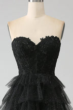 HEULORIA Black Sweetheart Tiered Glitter Tulle Prom Dress with Lace Bodice ED-102