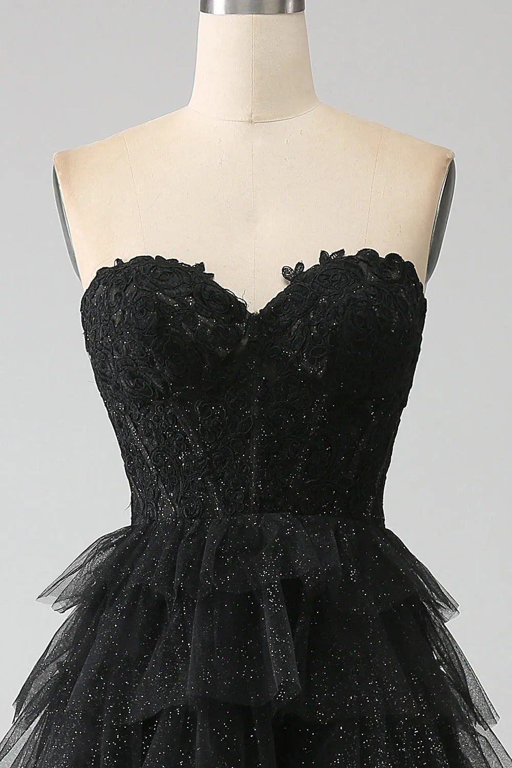 HEULORIA Black Sweetheart Tiered Glitter Tulle Prom Dress with Lace Bodice ED-102