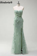 HEULORIA Sage Green Strapless Floral Mermaid Prom Dress with Slit ED-356