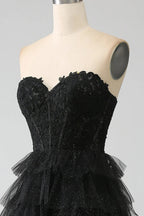 HEULORIA Black Sweetheart Tiered Glitter Tulle Prom Dress with Lace Bodice ED-102