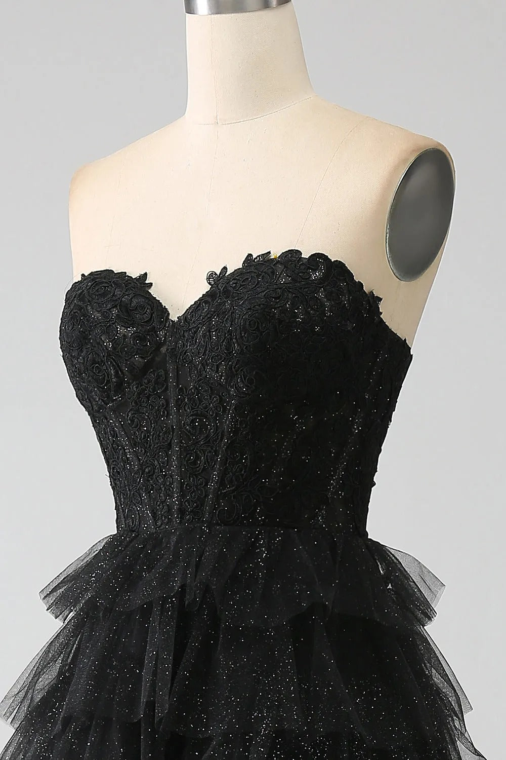 HEULORIA Black Sweetheart Tiered Glitter Tulle Prom Dress with Lace Bodice ED-102