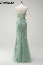 HEULORIA Sage Green Strapless Floral Mermaid Prom Dress with Slit ED-356