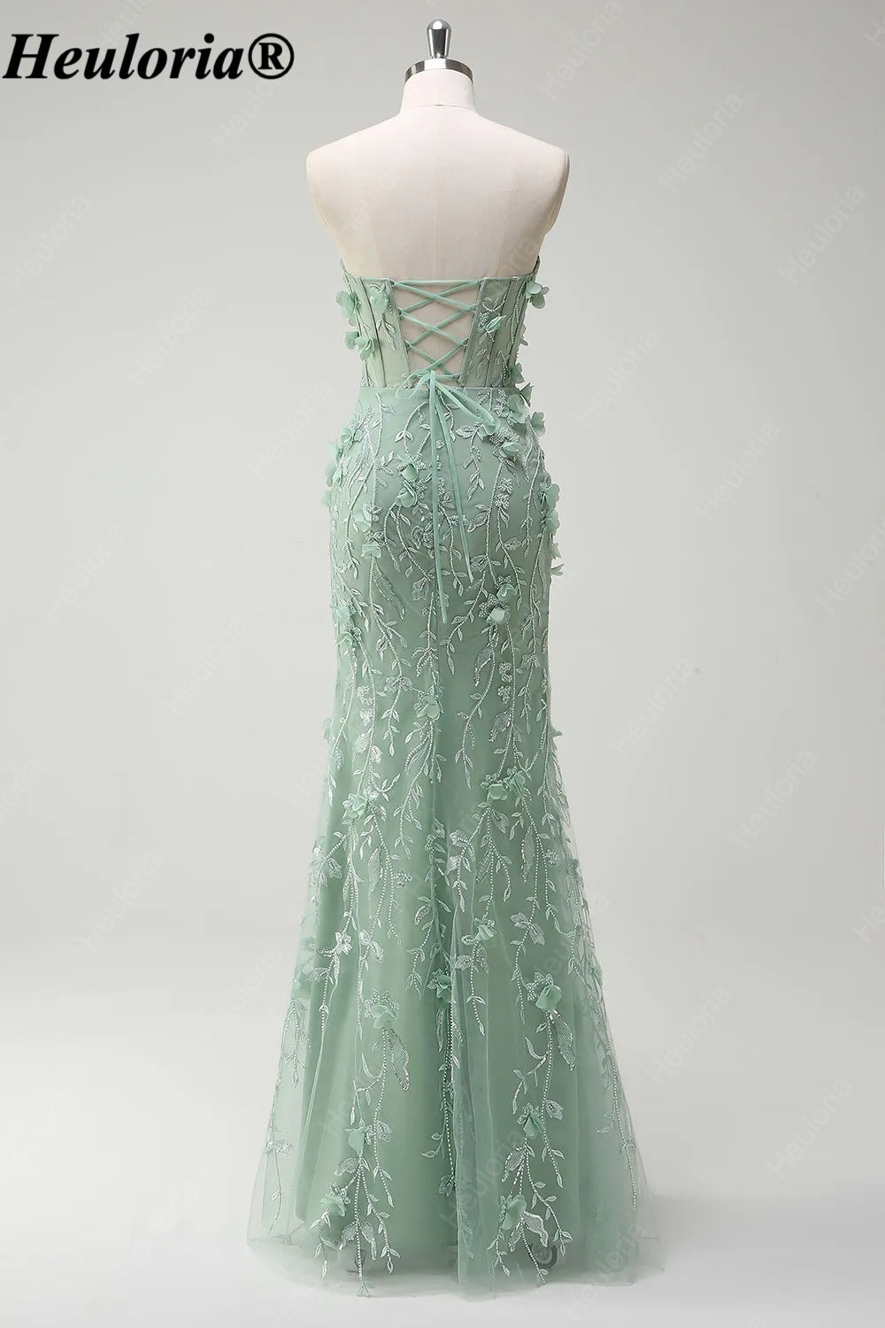 HEULORIA Sage Green Strapless Floral Mermaid Prom Dress with Slit ED-356
