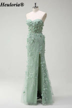 HEULORIA Sage Green Strapless Floral Mermaid Prom Dress with Slit ED-356