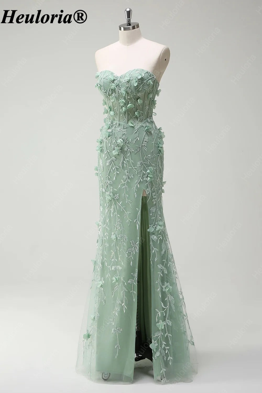 HEULORIA Sage Green Strapless Floral Mermaid Prom Dress with Slit ED-356