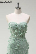 HEULORIA Sage Green Strapless Floral Mermaid Prom Dress with Slit ED-356