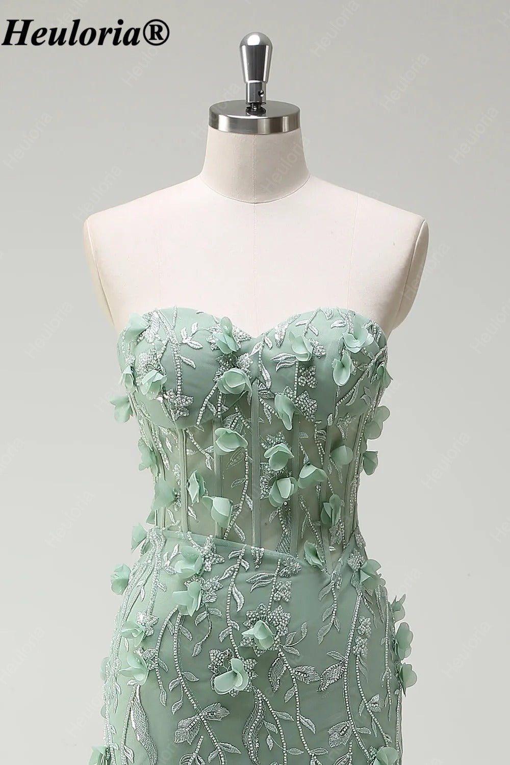 HEULORIA Sage Green Strapless Floral Mermaid Prom Dress with Slit ED-356