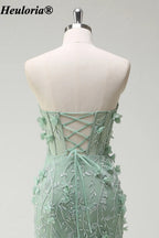 HEULORIA Sage Green Strapless Floral Mermaid Prom Dress with Slit ED-356