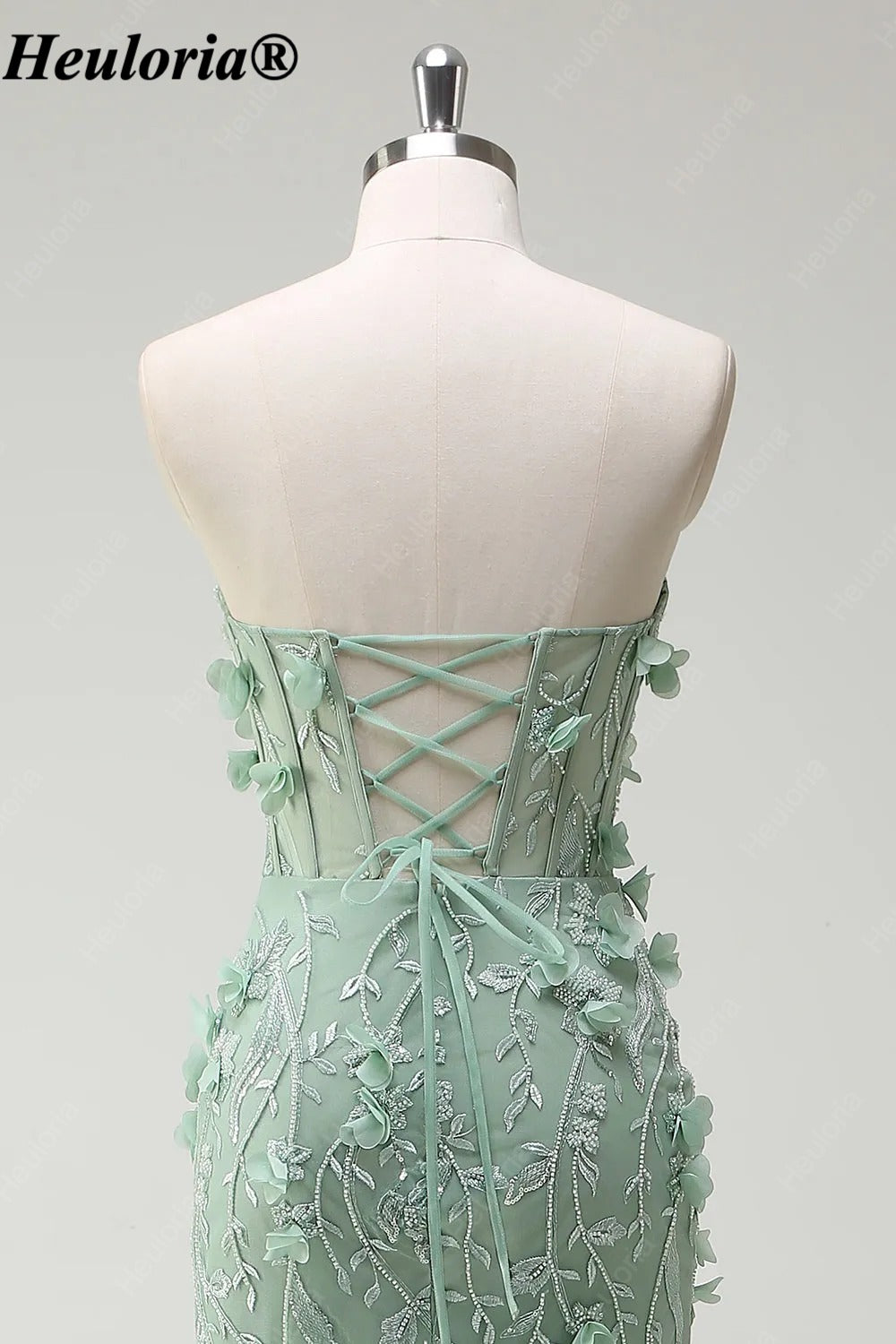 HEULORIA Sage Green Strapless Floral Mermaid Prom Dress with Slit ED-356